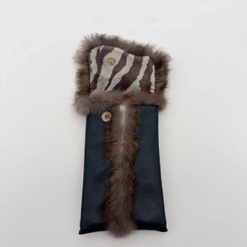 Navy‎ Leather Edelweiss Fur Trim Pouch Phone Case Glasses Sleeve Navy Blue